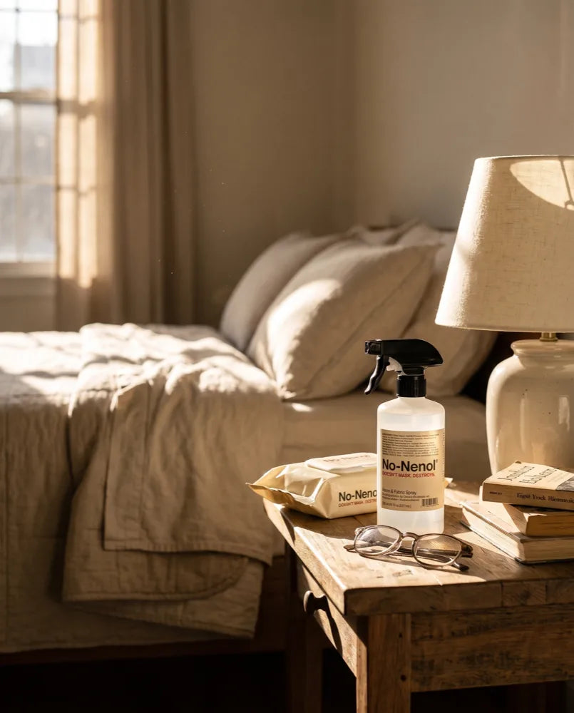 No-Nenol spray and wipes on a sunlit nightstand