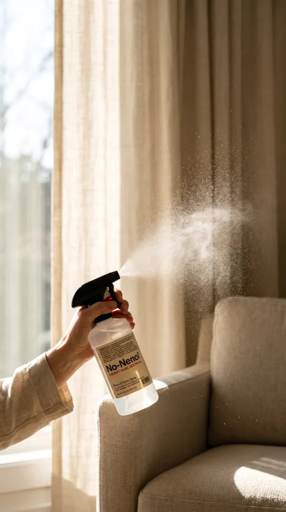 No-Nenol Room & Fabric Spray misting a linen curtain and armchair